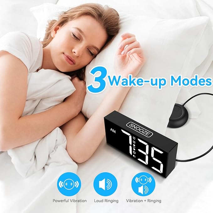 ORIA Vibrating Alarm Clock 7.5'' Large Display LED Clock Loud Alarm Clock with Bed Shaker for Heavy Sleepers Hearing Impaired Dream Tech Sleep