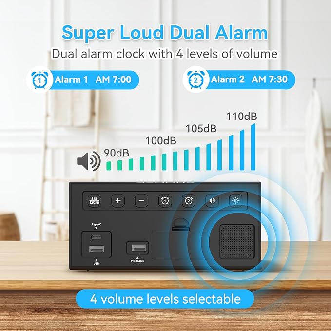 ORIA Vibrating Alarm Clock 7.5'' Large Display LED Clock Loud Alarm Clock with Bed Shaker for Heavy Sleepers Hearing Impaired Dream Tech Sleep