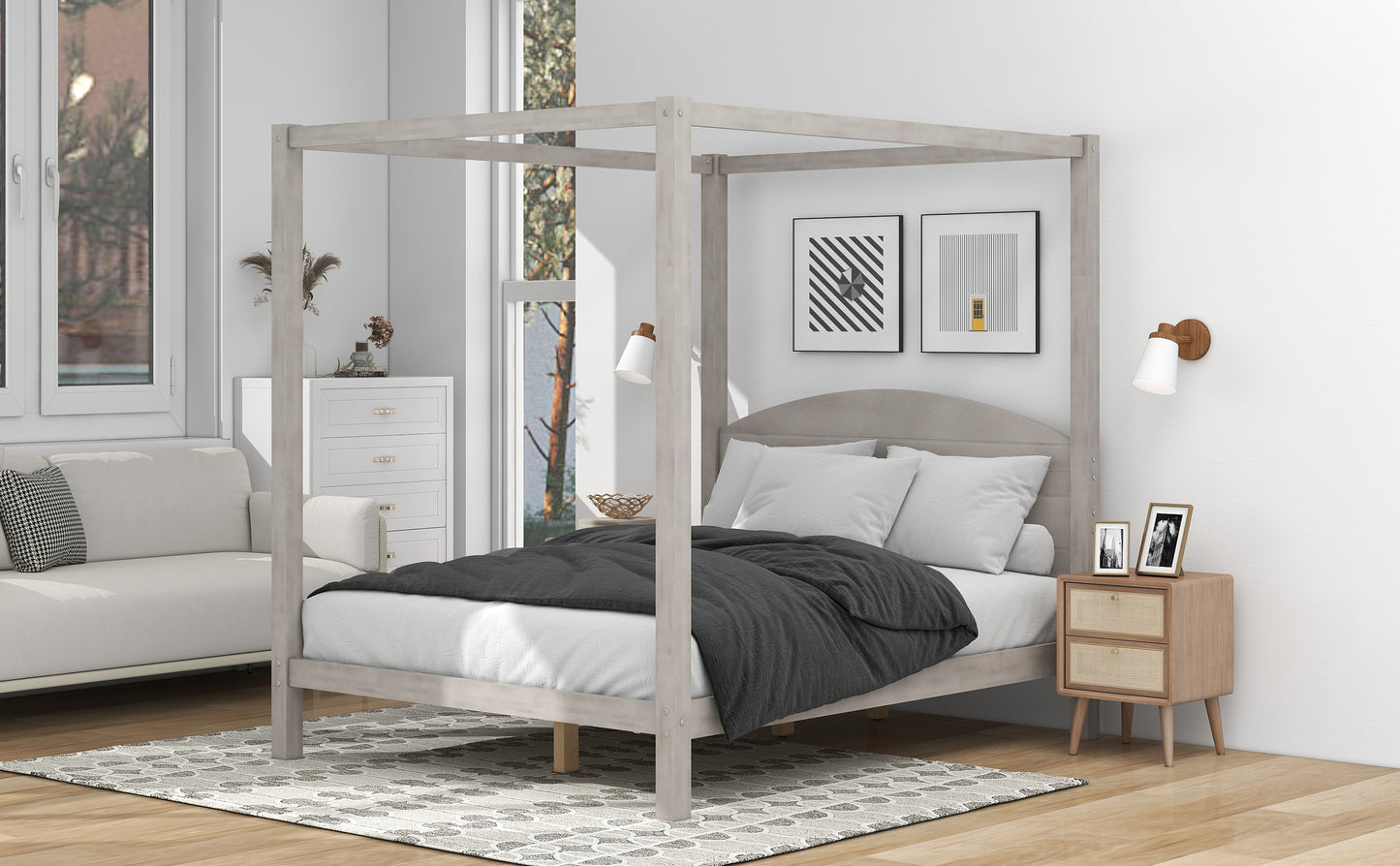 Queen Size Grey Wash Canopy Platform Bed with Headboard & Legs Dream Tech Sleep