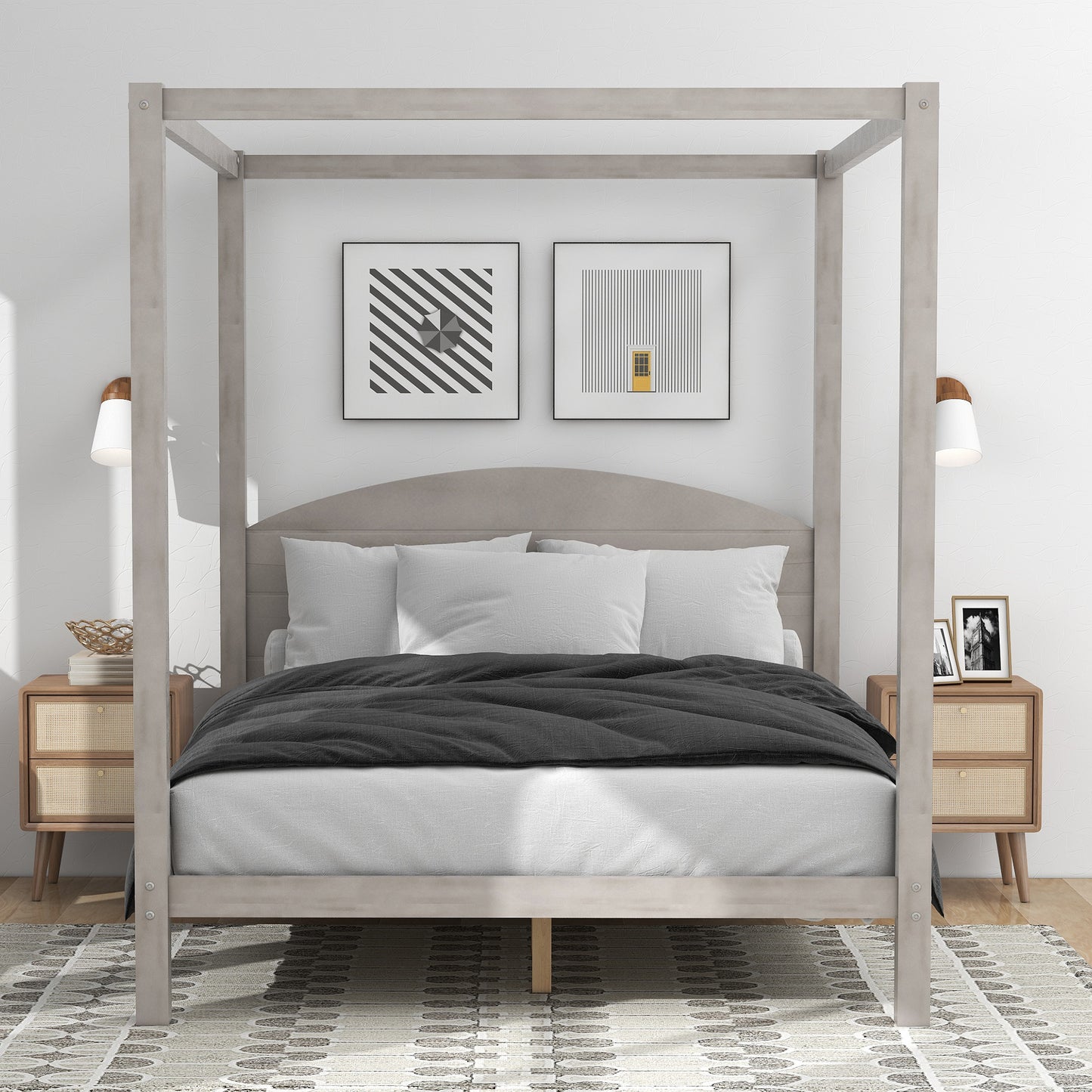 Queen Size Grey Wash Canopy Platform Bed with Headboard & Legs Dream Tech Sleep