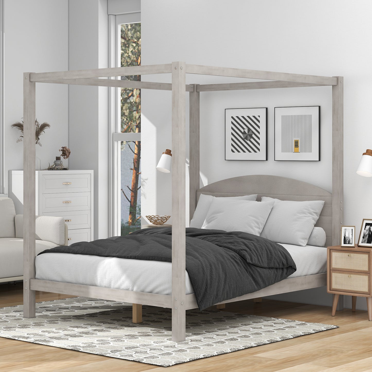 Queen Size Grey Wash Canopy Platform Bed with Headboard & Legs Dream Tech Sleep