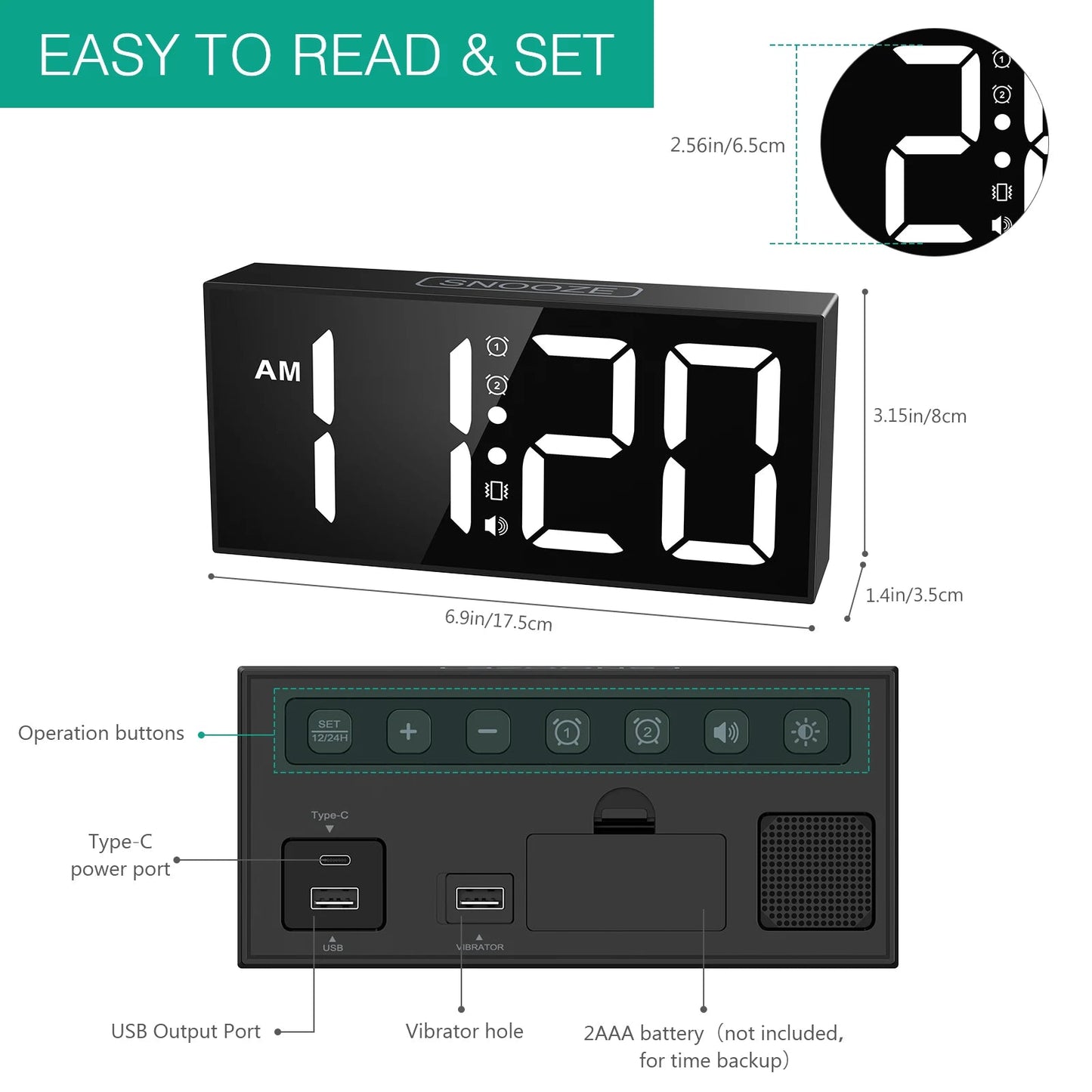 ORIA Vibrating Alarm Clock 7.5'' Large Display LED Clock Loud Alarm Clock with Bed Shaker for Heavy Sleepers Hearing Impaired Dream Tech Sleep
