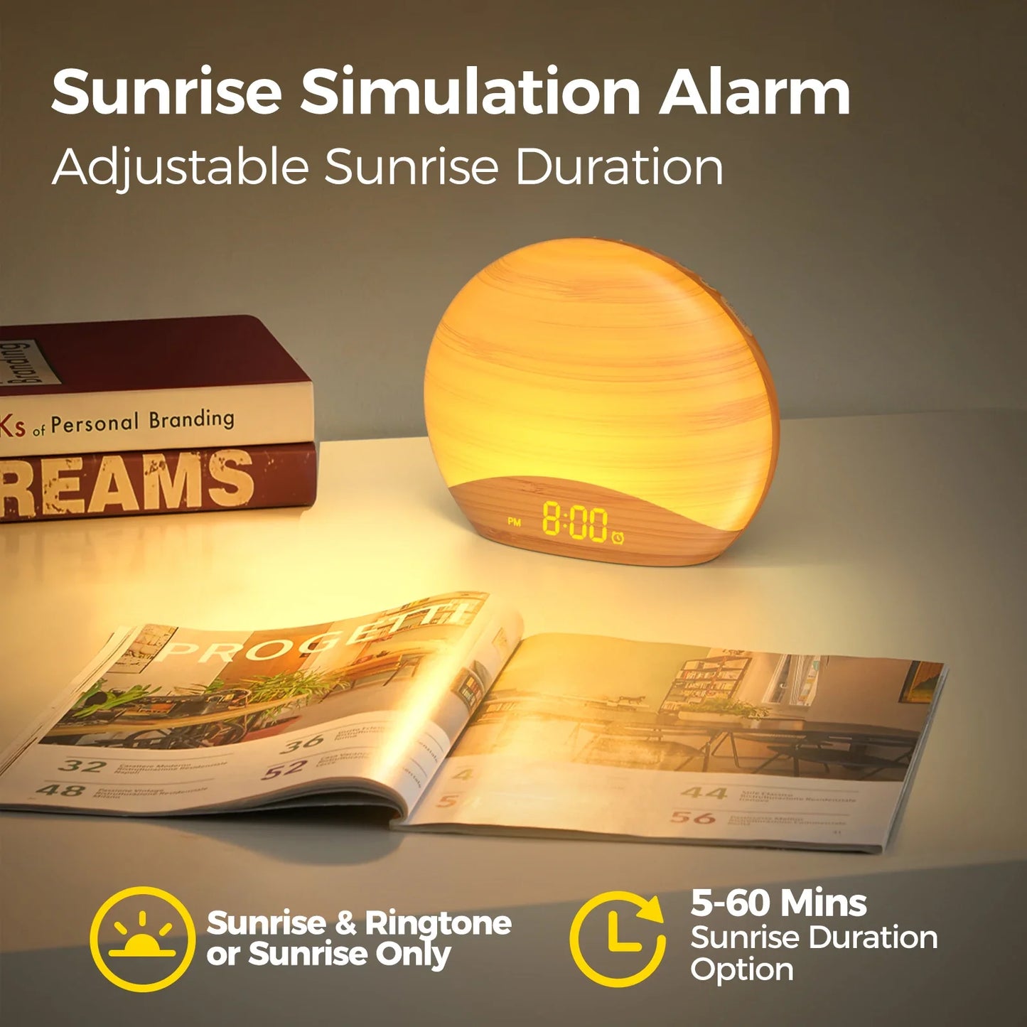 REACHER Wake Up Light Alarm Clock | Sunrise/Sunset, 8 Colors, 26 Sounds Dream Tech Sleep