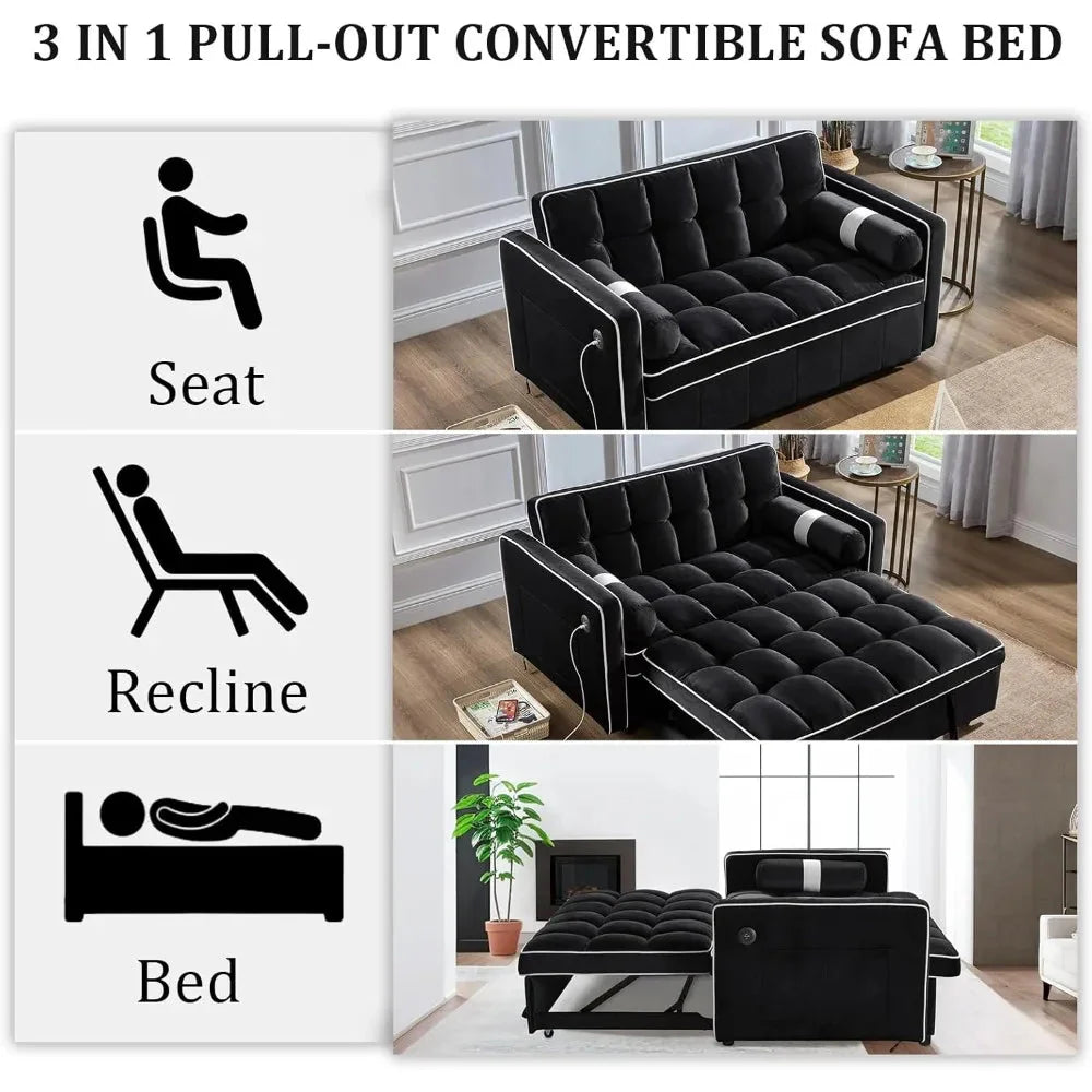 3 in 1 Pull Out Convertible Sofa Bed with USB Ports - 55" Modern Velvet Sleeper Sofa with 3 Level Adjustable Backrest, Loveseat  Dream Tech Sleep