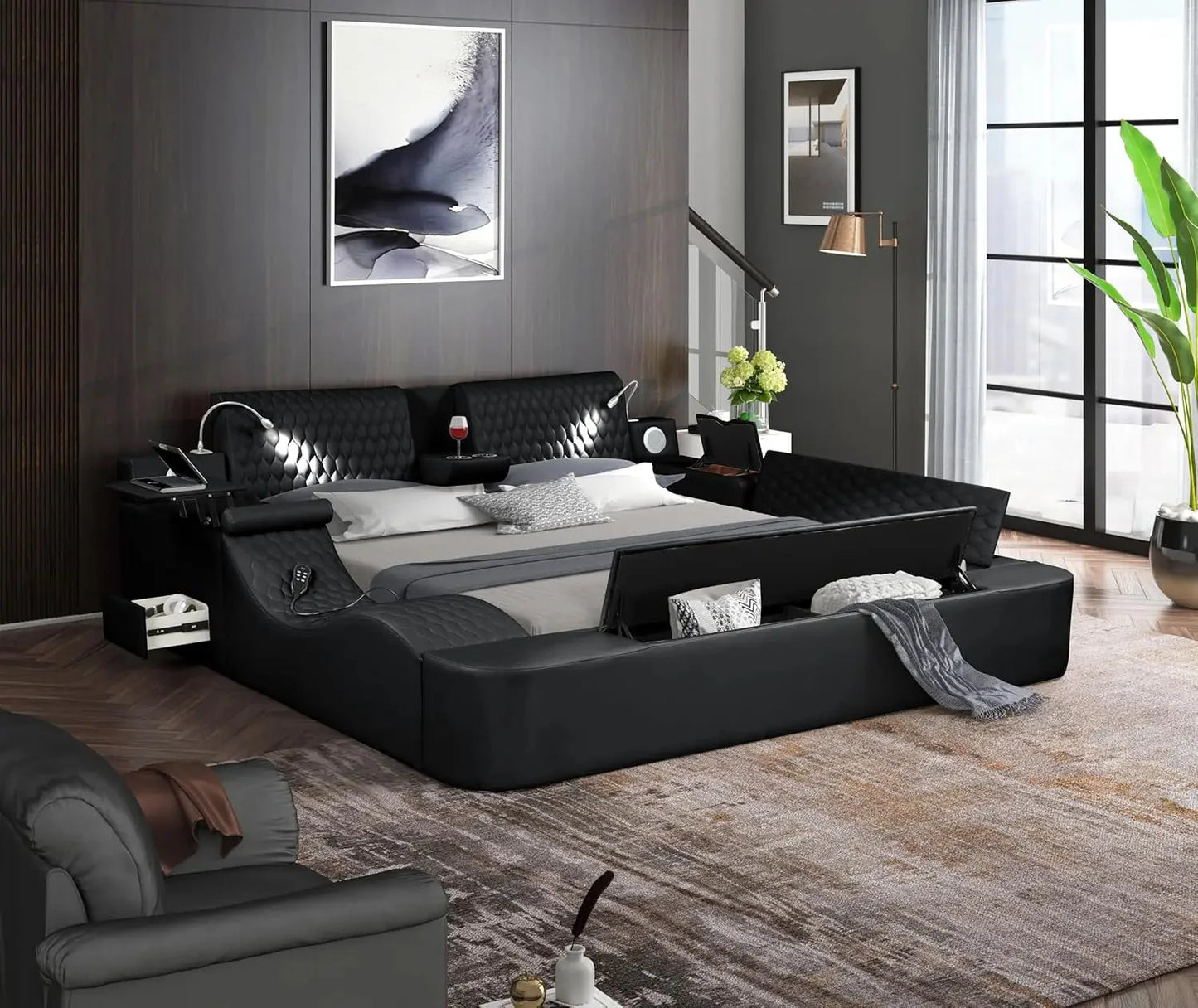 Queen Size Smart Bed, Multifunctional Leather Bed Frame with Massage Recliner/Upholstered Headboard, Modern Luxury Bed Frame Dream Tech Sleep