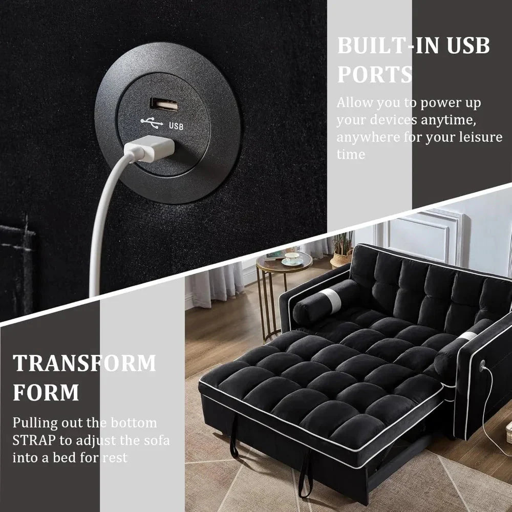 3 in 1 Pull Out Convertible Sofa Bed with USB Ports - 55" Modern Velvet Sleeper Sofa with 3 Level Adjustable Backrest, Loveseat  Dream Tech Sleep