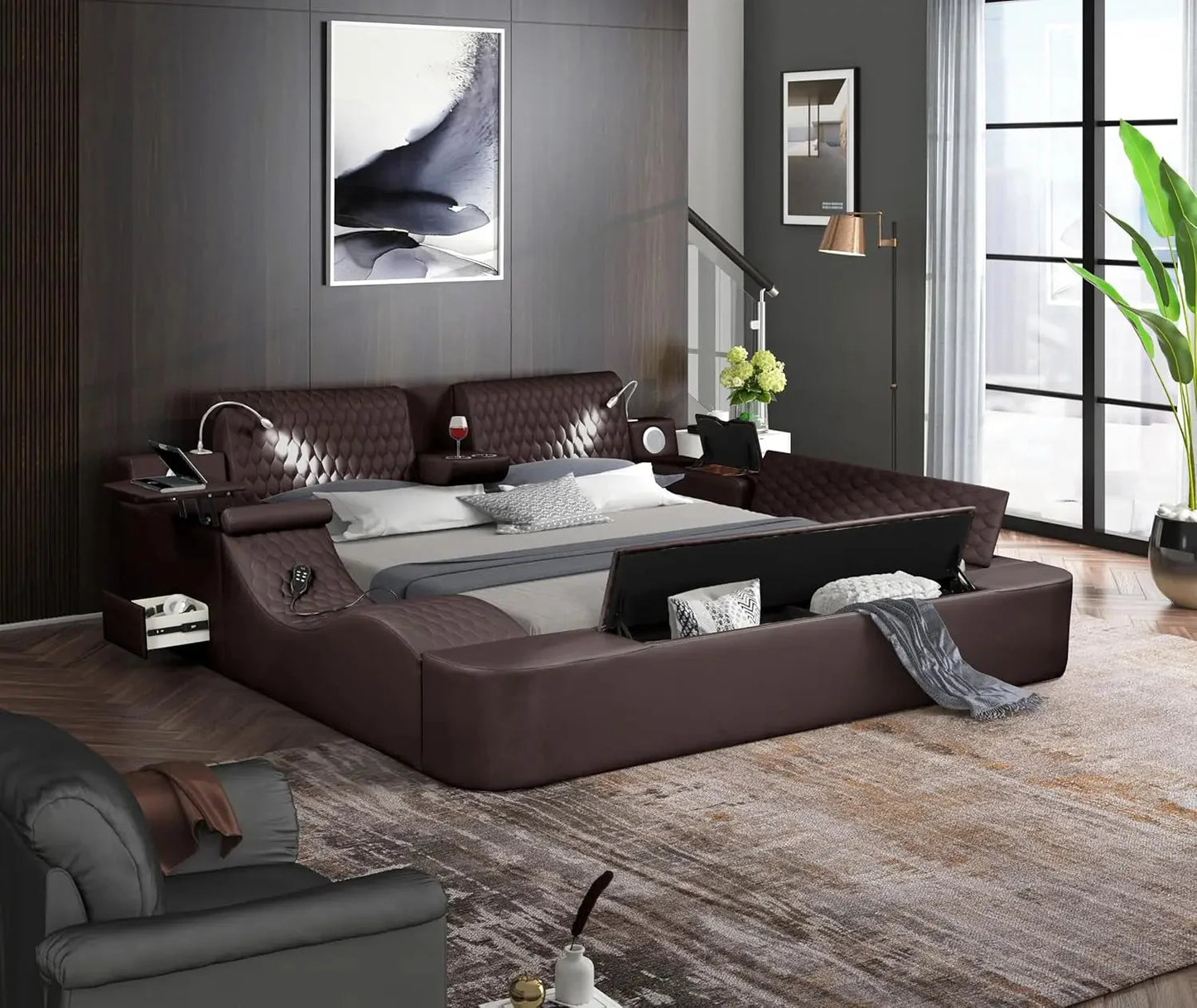 Queen Size Smart Bed, Multifunctional Leather Bed Frame with Massage Recliner/Upholstered Headboard, Modern Luxury Bed Frame Dream Tech Sleep