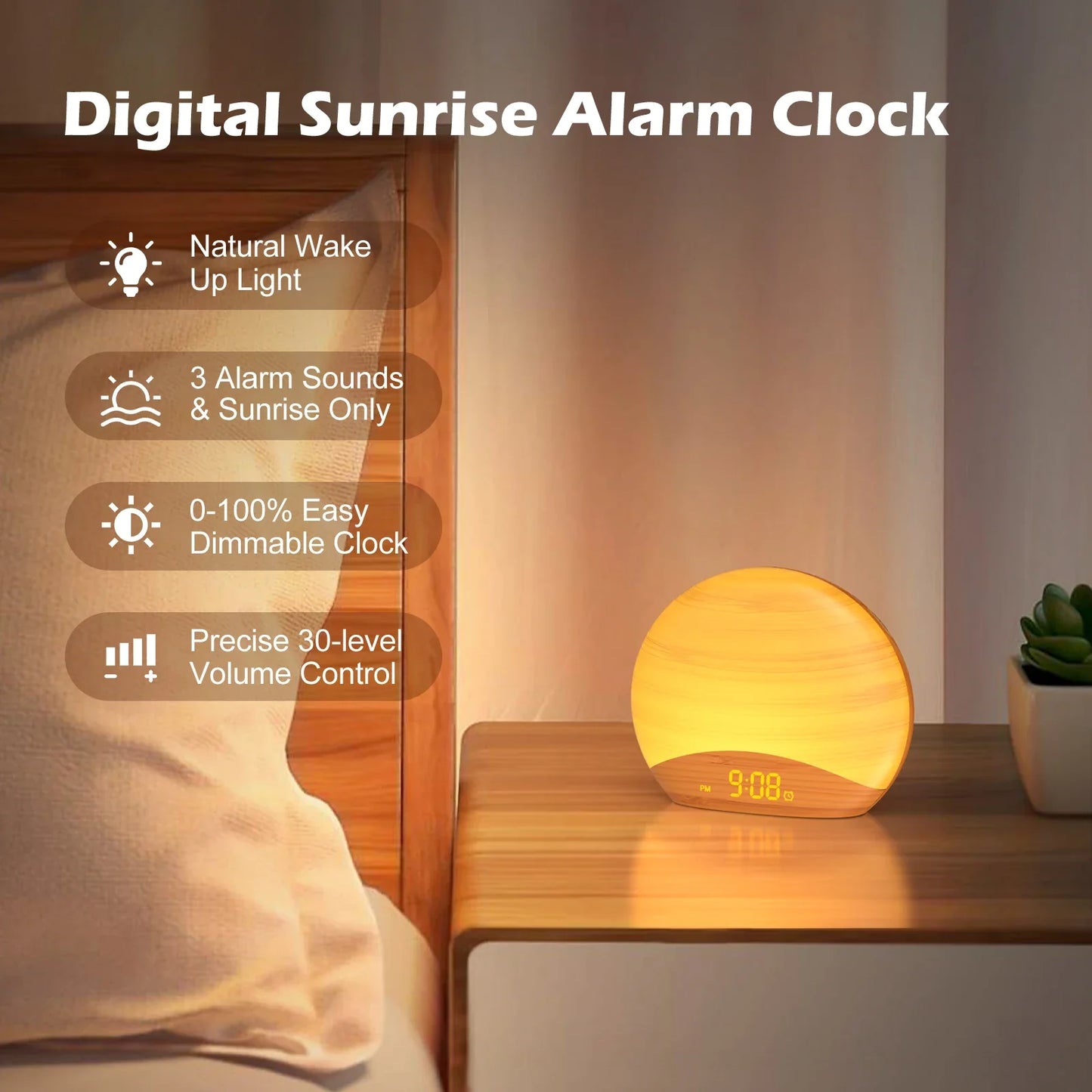 REACHER Wake Up Light Alarm Clock | Sunrise/Sunset, 8 Colors, 26 Sounds Dream Tech Sleep