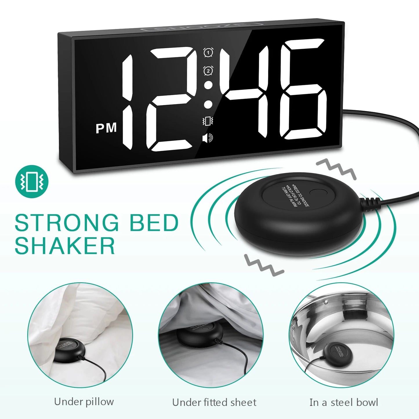 ORIA Vibrating Alarm Clock 7.5'' Large Display LED Clock Loud Alarm Clock with Bed Shaker for Heavy Sleepers Hearing Impaired Dream Tech Sleep