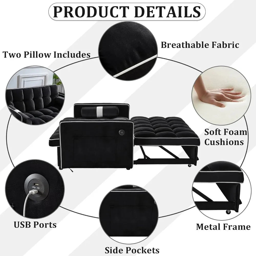 3 in 1 Pull Out Convertible Sofa Bed with USB Ports - 55" Modern Velvet Sleeper Sofa with 3 Level Adjustable Backrest, Loveseat  Dream Tech Sleep