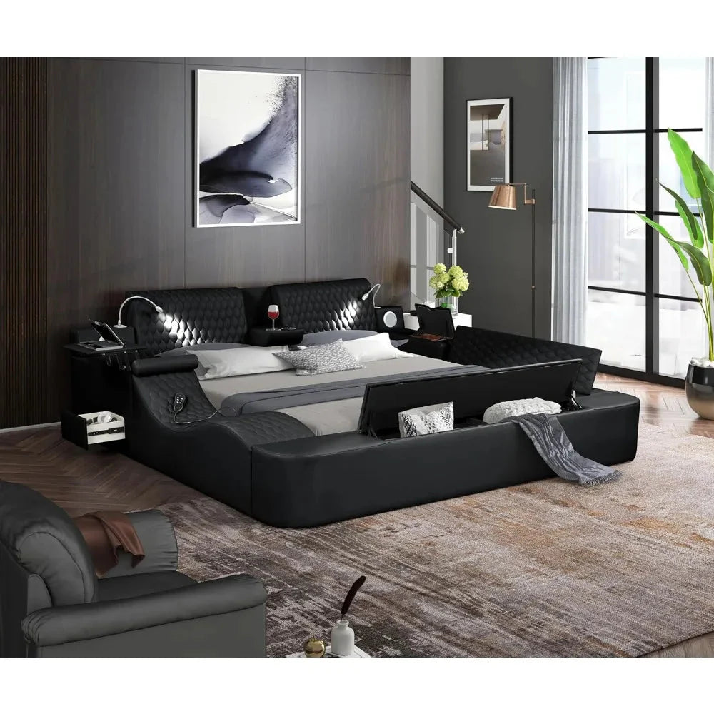 Queen Size Smart Bed, Multifunctional Leather Bed Frame with Massage Recliner/Upholstered Headboard, Modern Luxury Bed Frame Dream Tech Sleep
