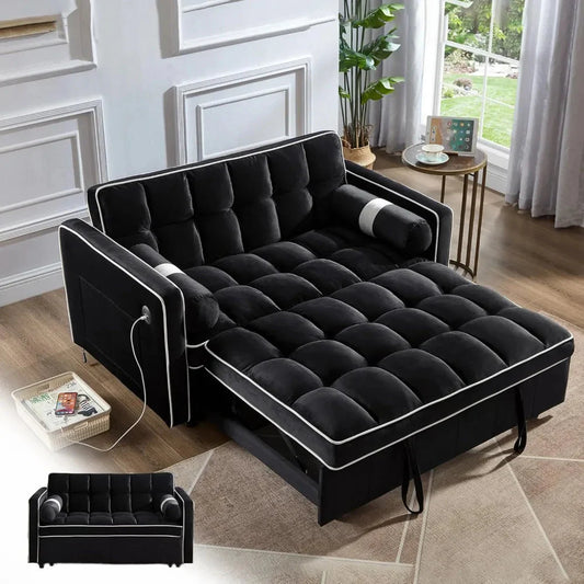 3 in 1 Pull Out Convertible Sofa Bed with USB Ports - 55" Modern Velvet Sleeper Sofa with 3 Level Adjustable Backrest, Loveseat  Dream Tech Sleep