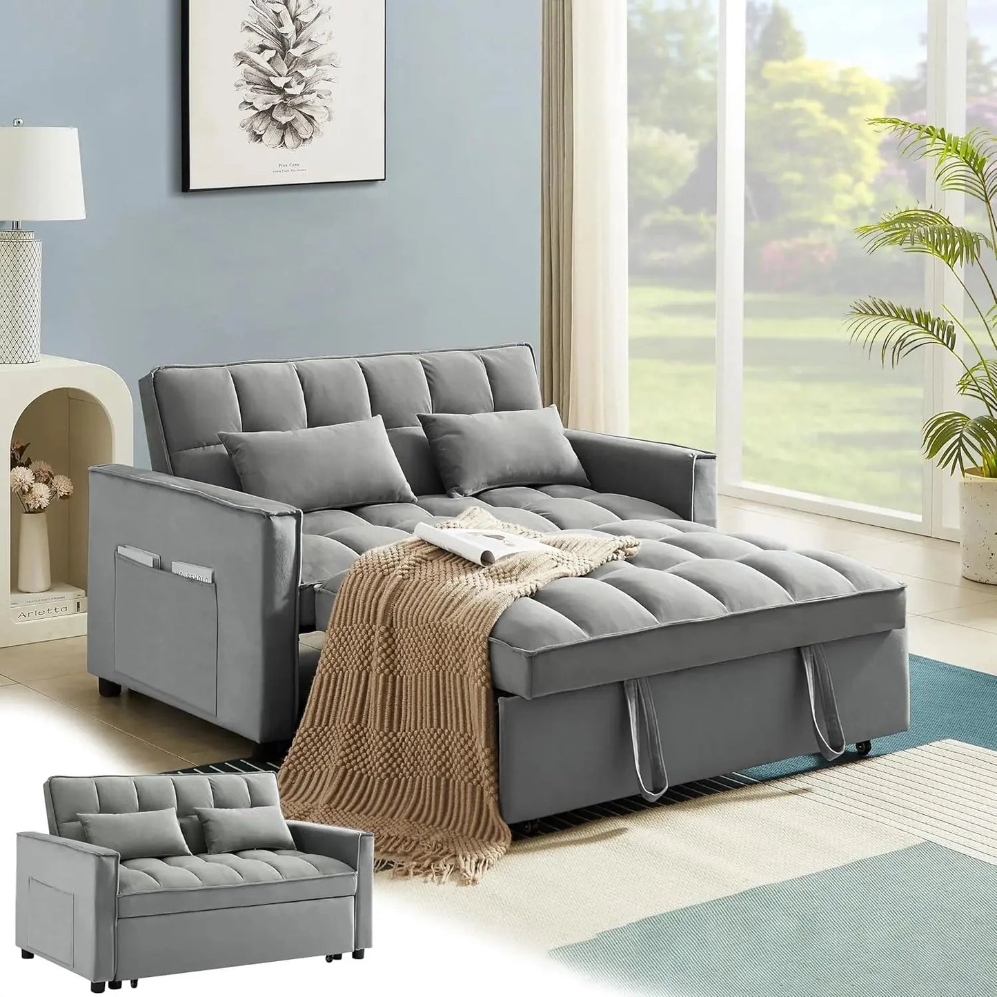 3 in 1 Pull Out Convertible Sofa Bed with USB Ports - 55" Modern Velvet Sleeper Sofa with 3 Level Adjustable Backrest, Loveseat  Dream Tech Sleep