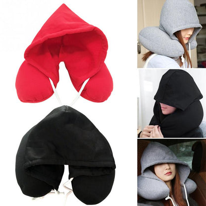 Adults Portable Solid U shaped Pillow Drawstring Microbeads soft Hooded Neck pillow for Trave  Dream Tech Sleep