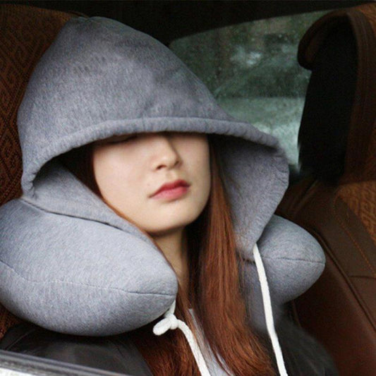 Adults Portable Solid U shaped Pillow Drawstring Microbeads soft Hooded Neck pillow for Trave  Dream Tech Sleep
