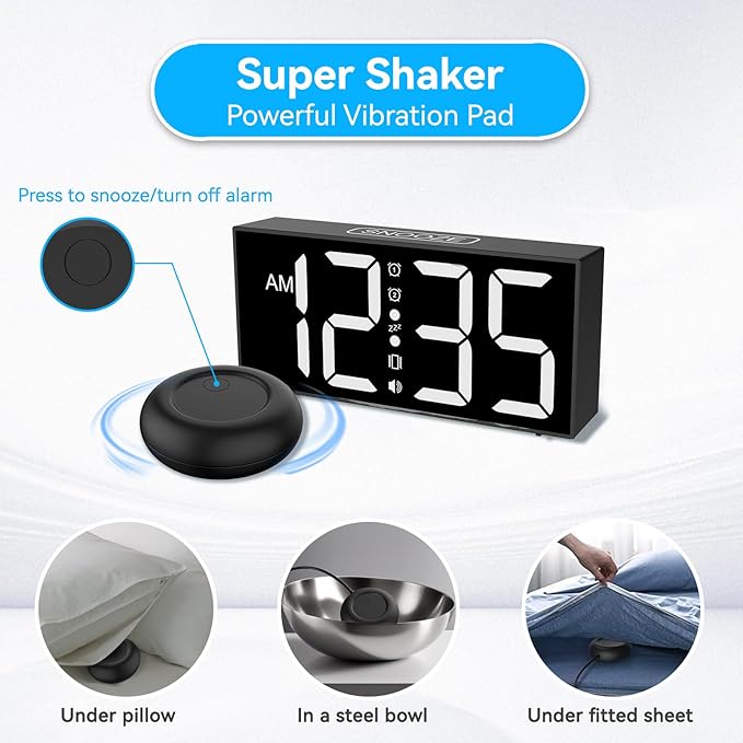 ORIA Vibrating Alarm Clock 7.5'' Large Display LED Clock Loud Alarm Clock with Bed Shaker for Heavy Sleepers Hearing Impaired  Dream Tech Sleep