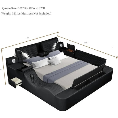 Queen Size Smart Bed, Multifunctional Leather Bed Frame with Massage Recliner/Upholstered Headboard, Modern Luxury Bed Frame  Dream Tech Sleep