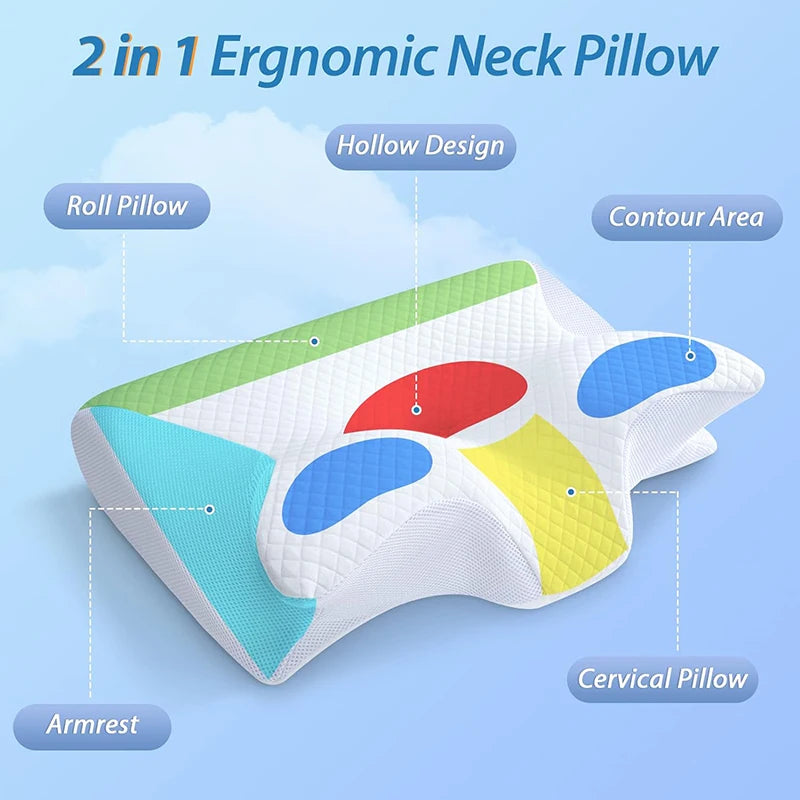 1pc Memory Foam Cervical Pillow, 2 in 1 Ergonomic Contour Orthopedic Pillow for Neck Pain, Contoured Support Pillows,Neck Pillow  Dream Tech Sleep