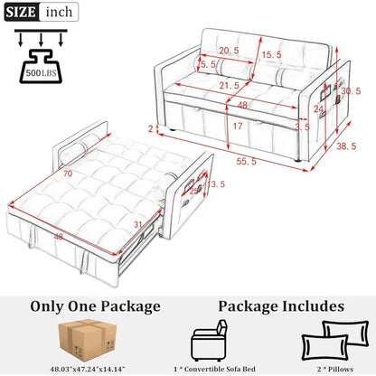 3 in 1 Pull Out Convertible Sofa Bed with USB Ports - 55" Modern Velvet Sleeper Sofa with 3 Level Adjustable Backrest, Loveseat  Dream Tech Sleep