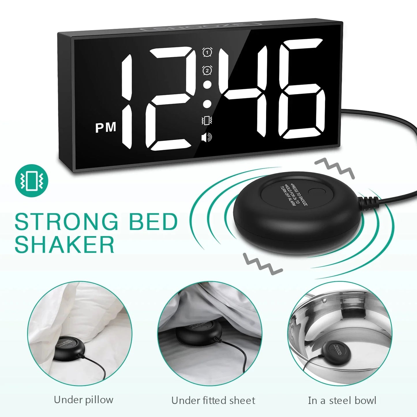ORIA Vibrating Alarm Clock 7.5'' Large Display LED Clock Loud Alarm Clock with Bed Shaker for Heavy Sleepers Hearing Impaired  Dream Tech Sleep