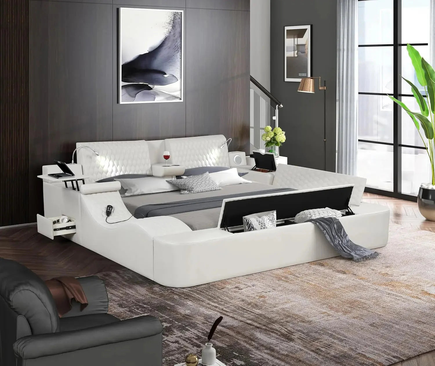 Queen Size Smart Bed, Multifunctional Leather Bed Frame with Massage Recliner/Upholstered Headboard, Modern Luxury Bed Frame  Dream Tech Sleep